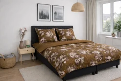 Dobbelt sengetøj 240x220 cm - 100% bomuldssatin - Vendbart karrygult blomster print og prikker