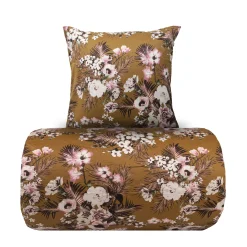 Dobbelt sengetøj 240x220 cm - 100% bomuldssatin - Vendbart karrygult blomster print og prikker