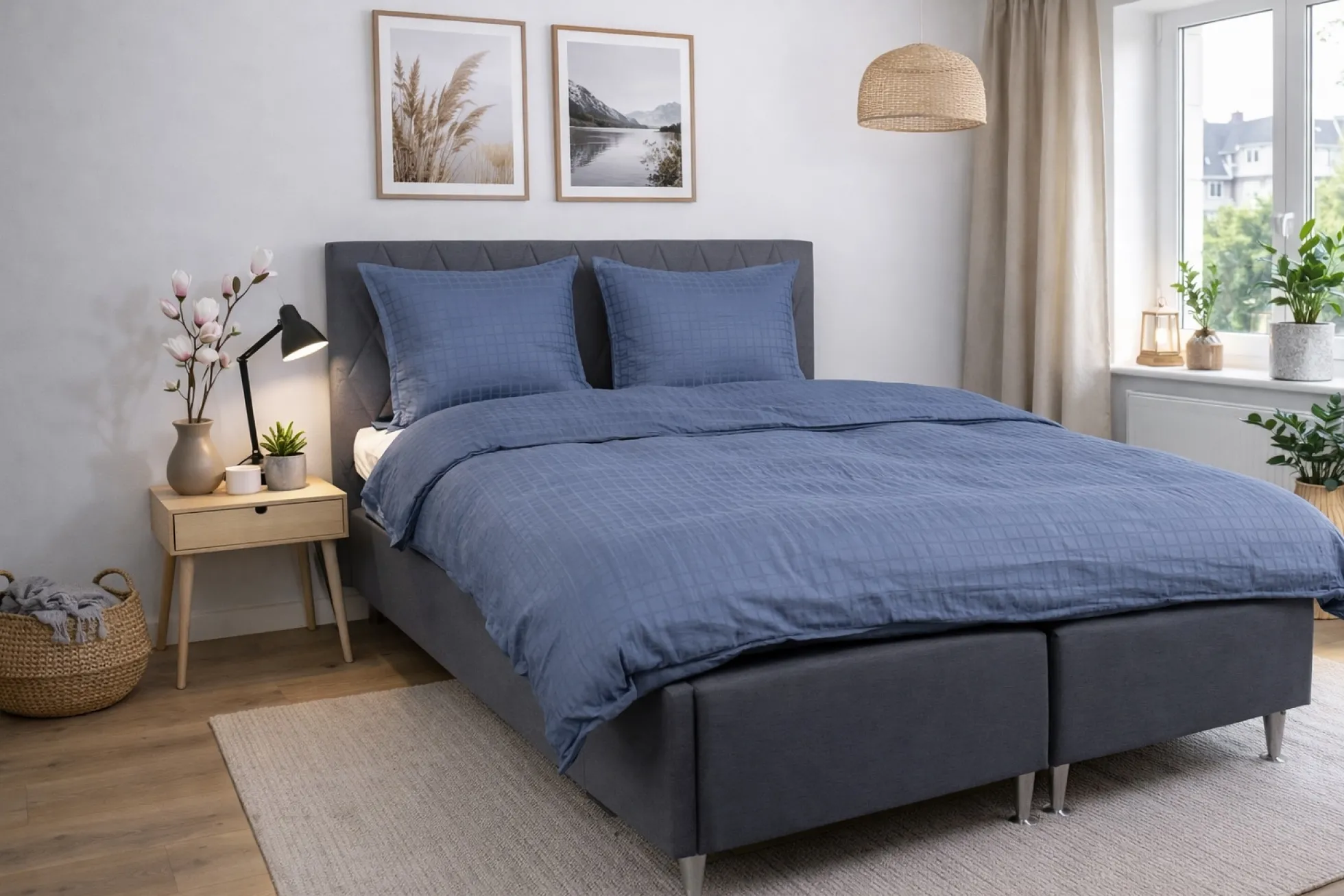 Dobbelt sengetøj 240x220 cm - 100% bomuldssatin - Blåt jacquardvævet - Ensfarvet