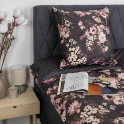 Dobbelt sengetøj 240x220 cm - 100% bomuldssatin - Vendbart gråt blomster print og prikker