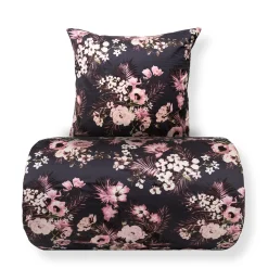 Dobbelt sengetøj 240x220 cm - 100% bomuldssatin - Vendbart gråt blomster print og prikker