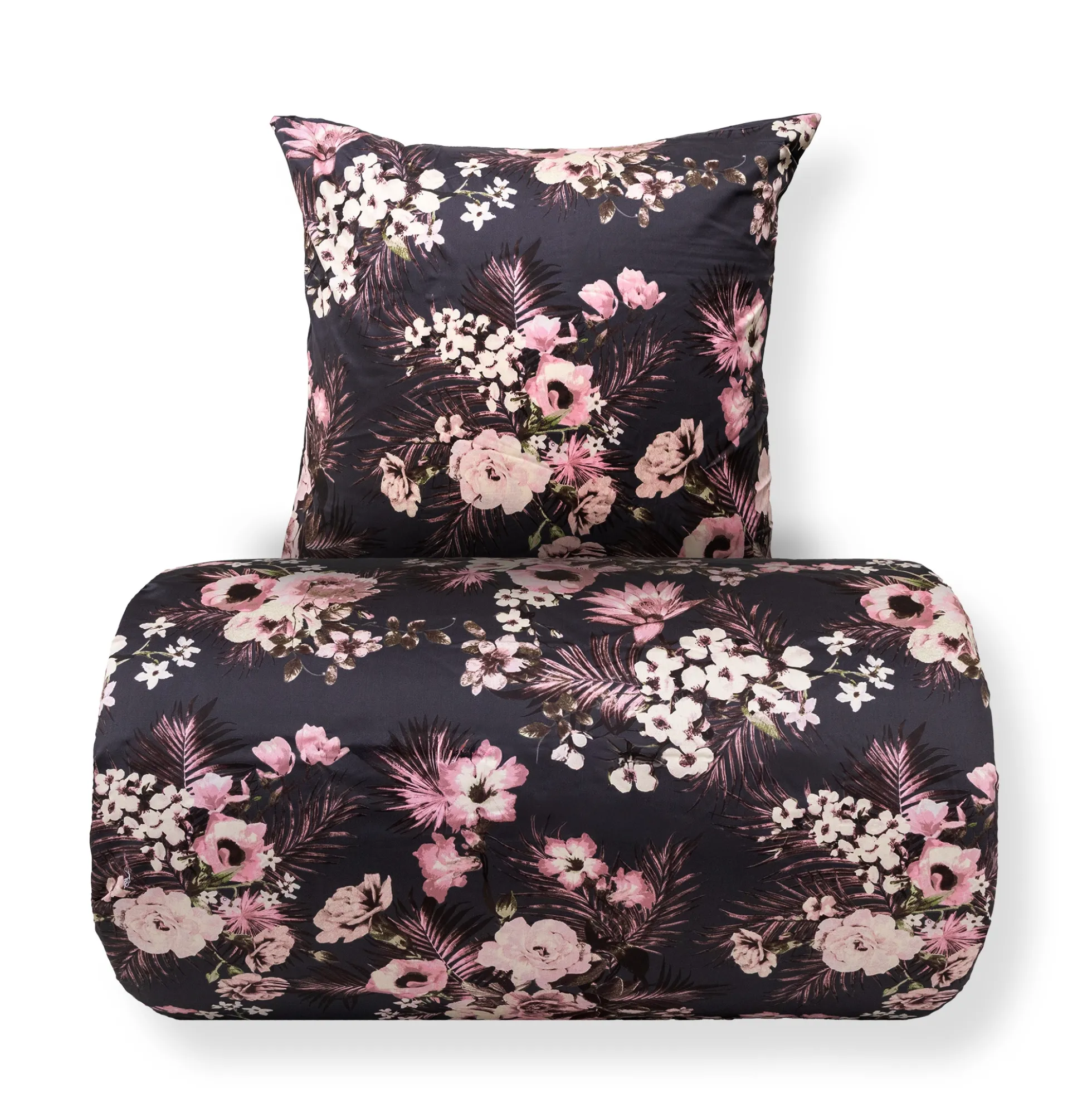 Dobbelt sengetøj 240x220 cm - 100% bomuldssatin - Vendbart gråt blomster print og prikker