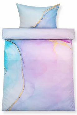 Dobbelt sengetøj 200x220 cm - 100% Bomuldssatin - Vendbart blåt marmoreret design