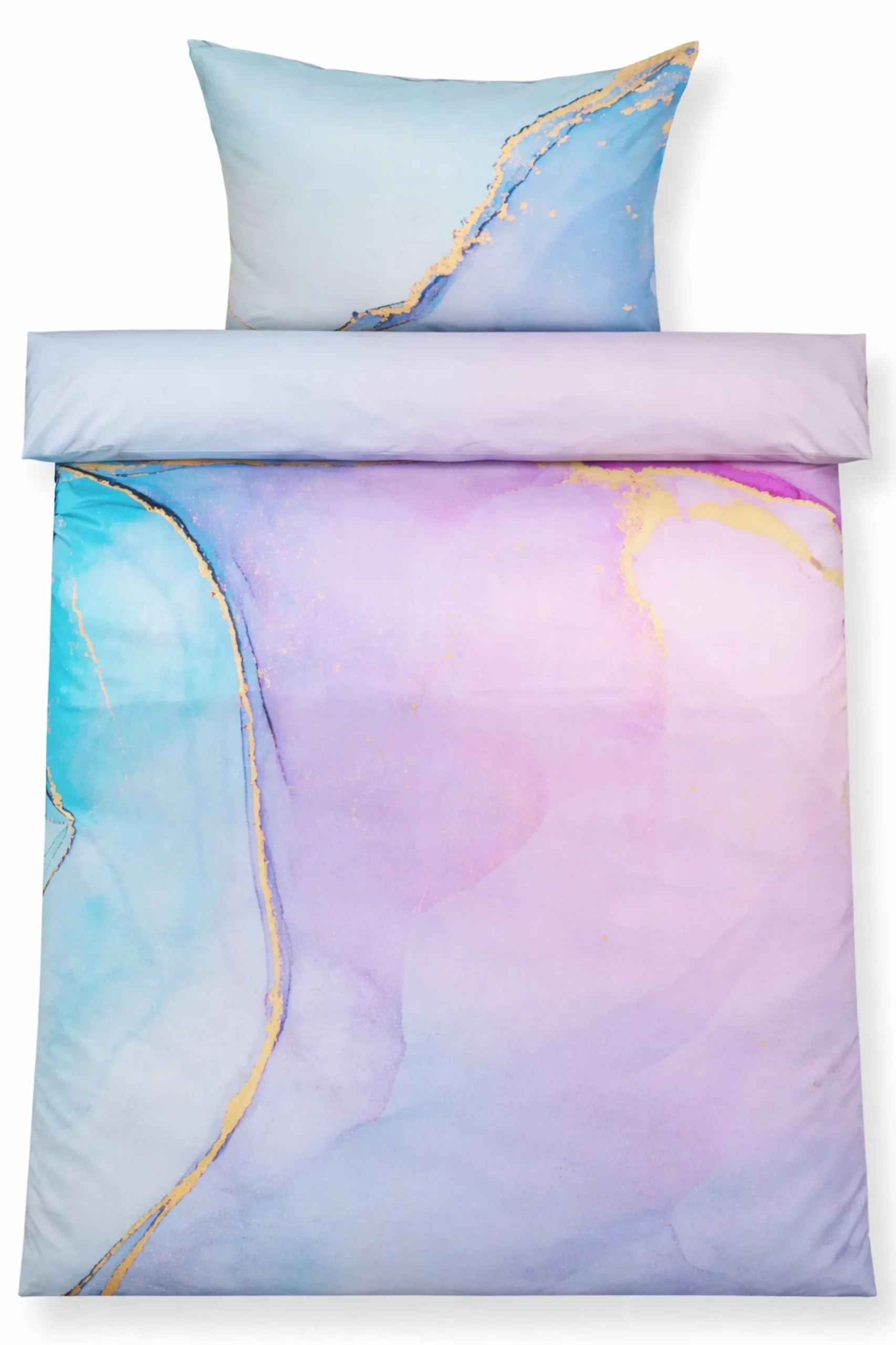 Dobbelt sengetøj 200x220 cm - 100% Bomuldssatin - Vendbart blåt marmoreret design