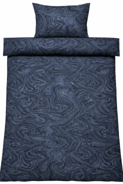 Dobbelt sengetøj 200x220 cm - Bomuldssatin - Mørkeblåt marble print