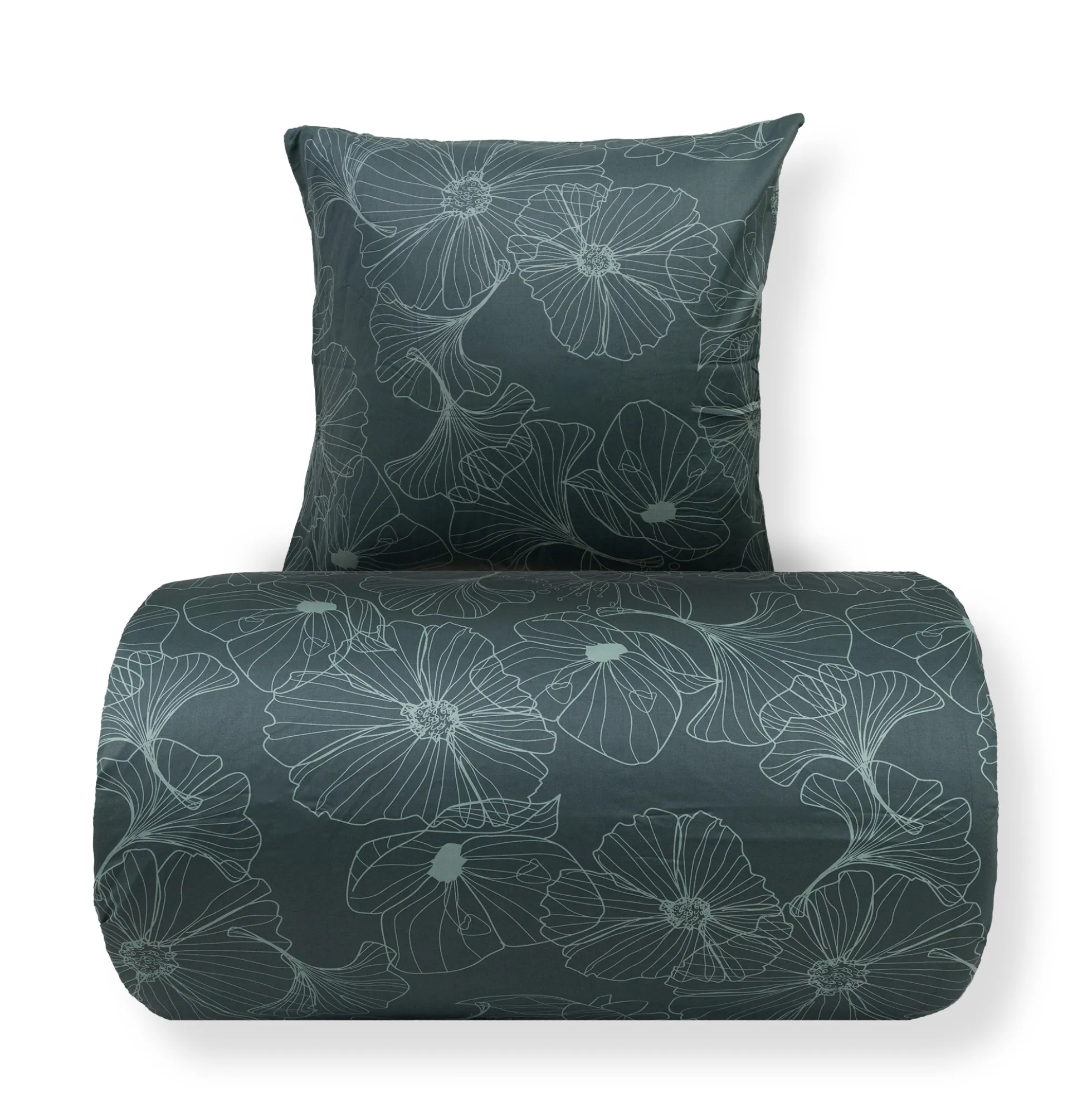Dobbelt sengetøj 200x220 cm - Bomuldssatin - Big Flower green - Vendbart blomster print