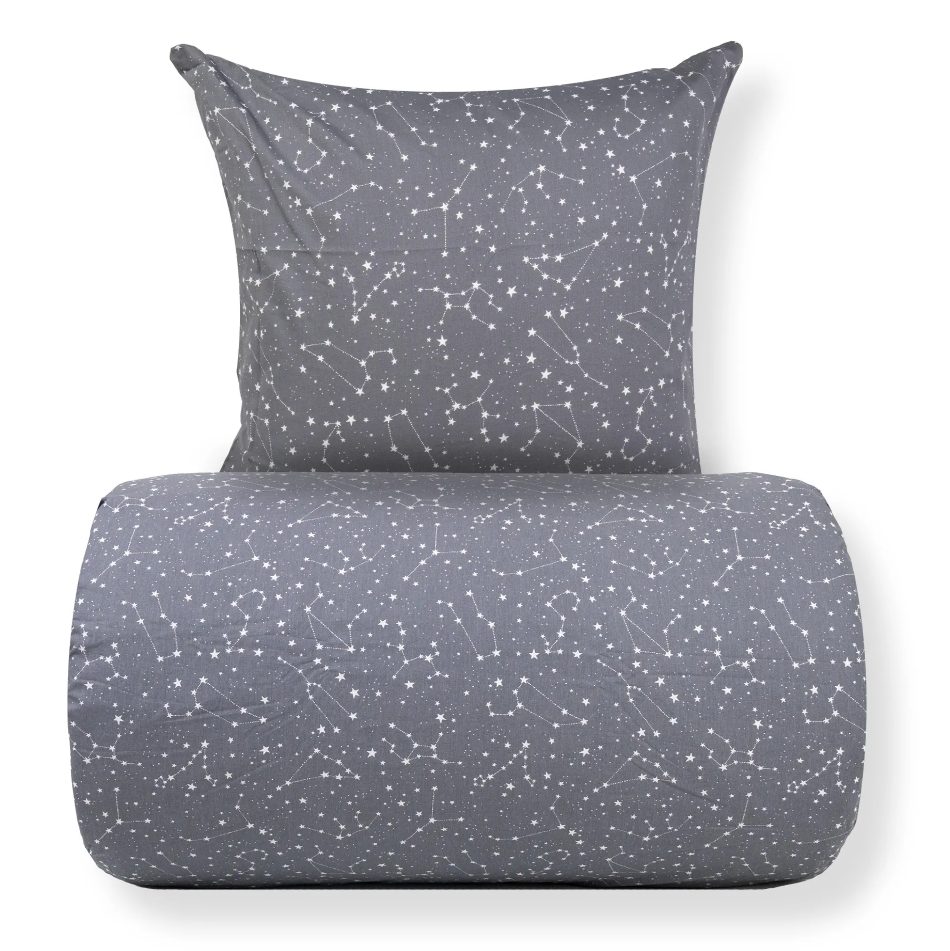 Dobbelt sengetøj 240x220 cm - 100% Bomuld - Zodiac grey - Vendbart med stjerner