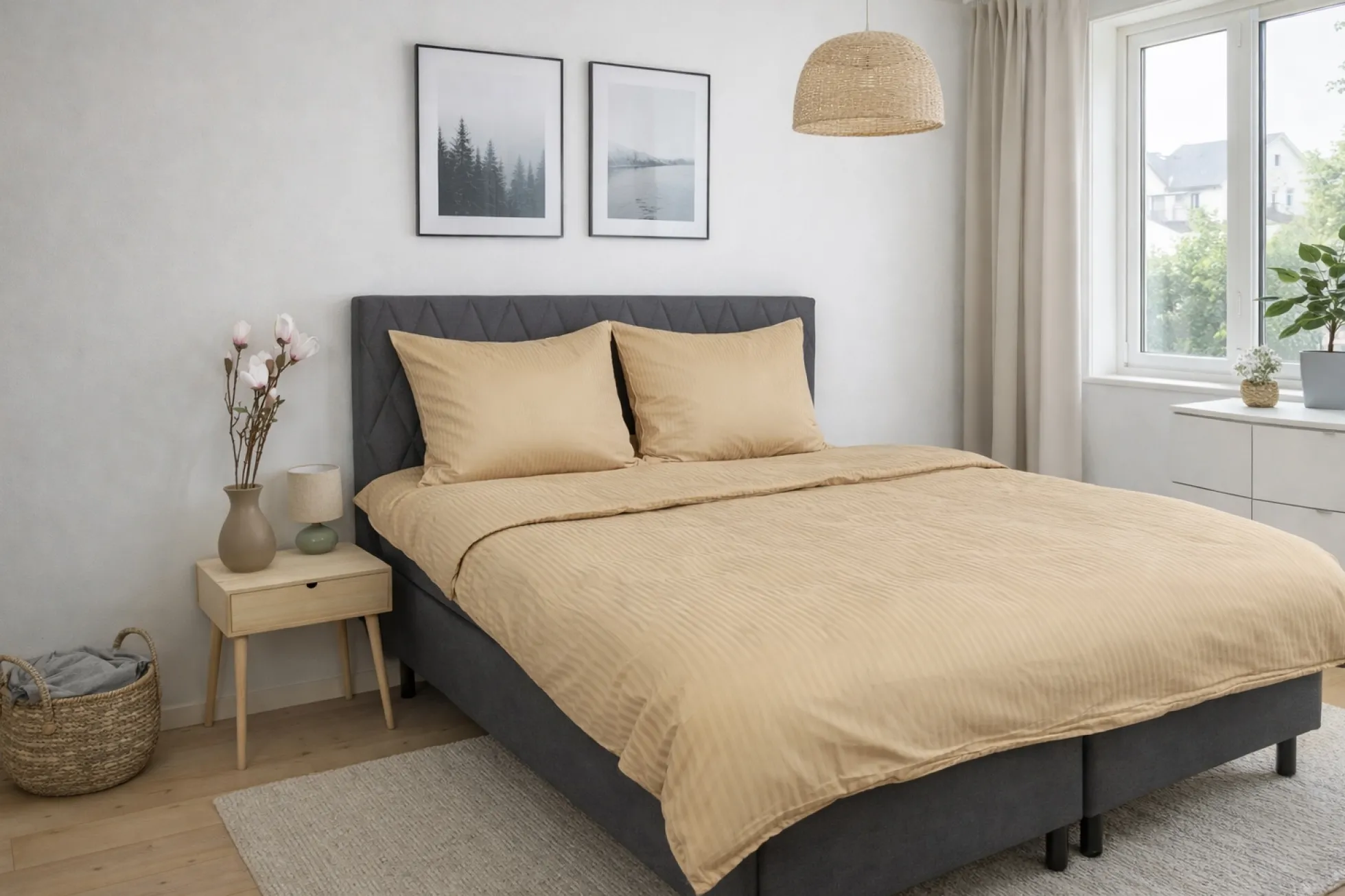 Dobbelt sengetøj 240x220 cm - Egyptisk bomuld - Beige jacquardvævede striber