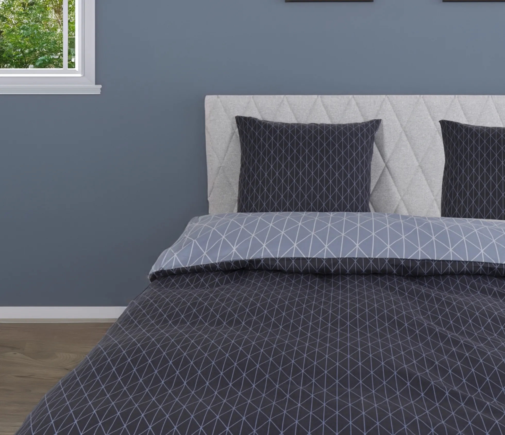 Dobbelt sengetøj 240x220 cm - Microfiber - Vendbart blåt harlekin print