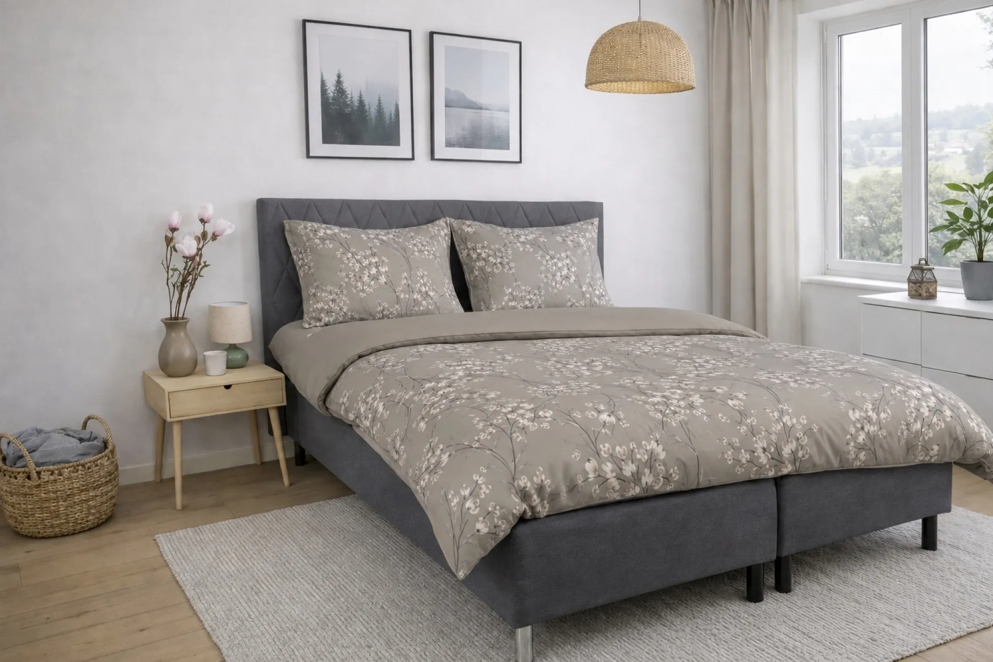 Dobbelt sengetøj 200x220 cm - Satin - Grønt vendbart blomster design