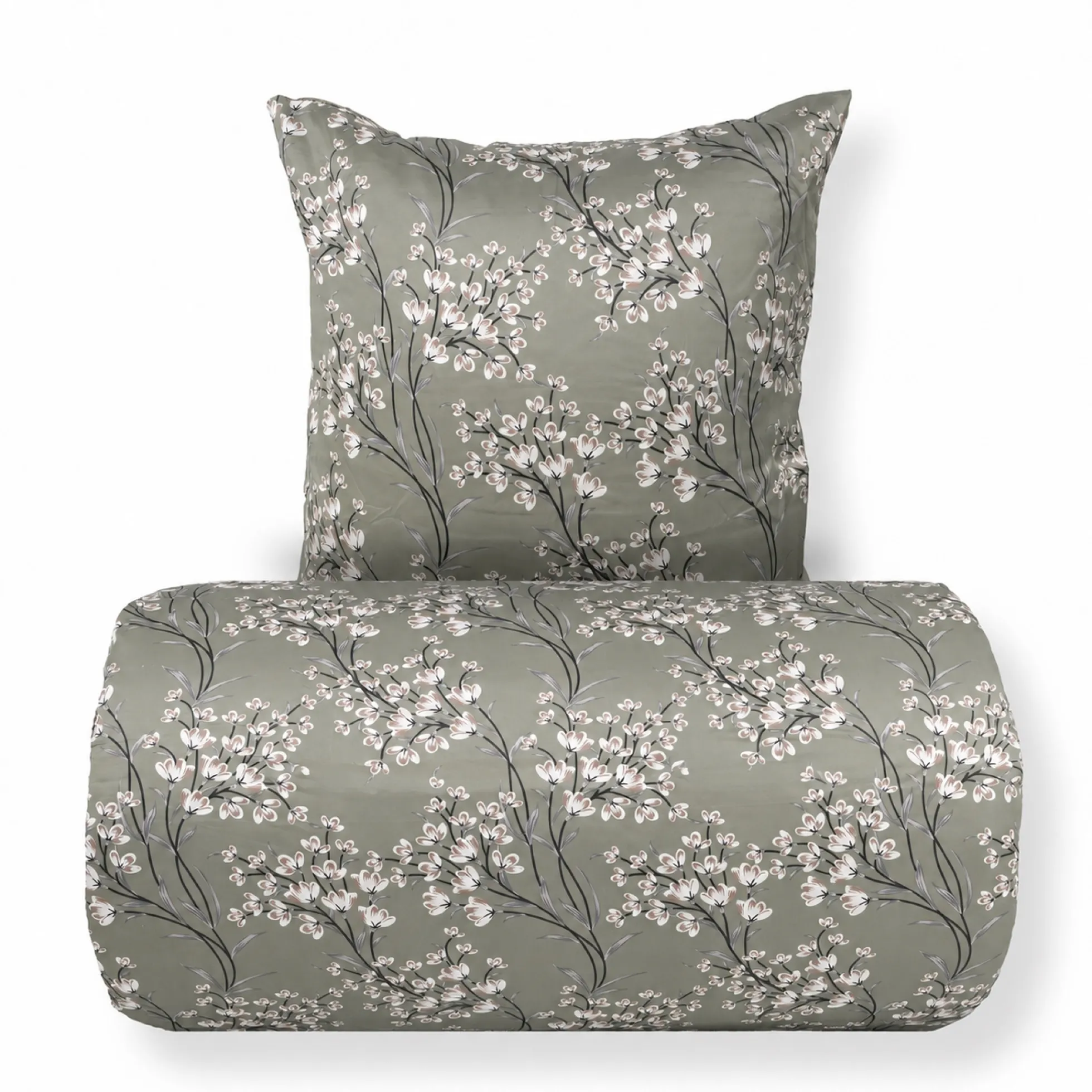 Dobbelt sengetøj 200x220 cm - Satin - Grønt vendbart blomster design