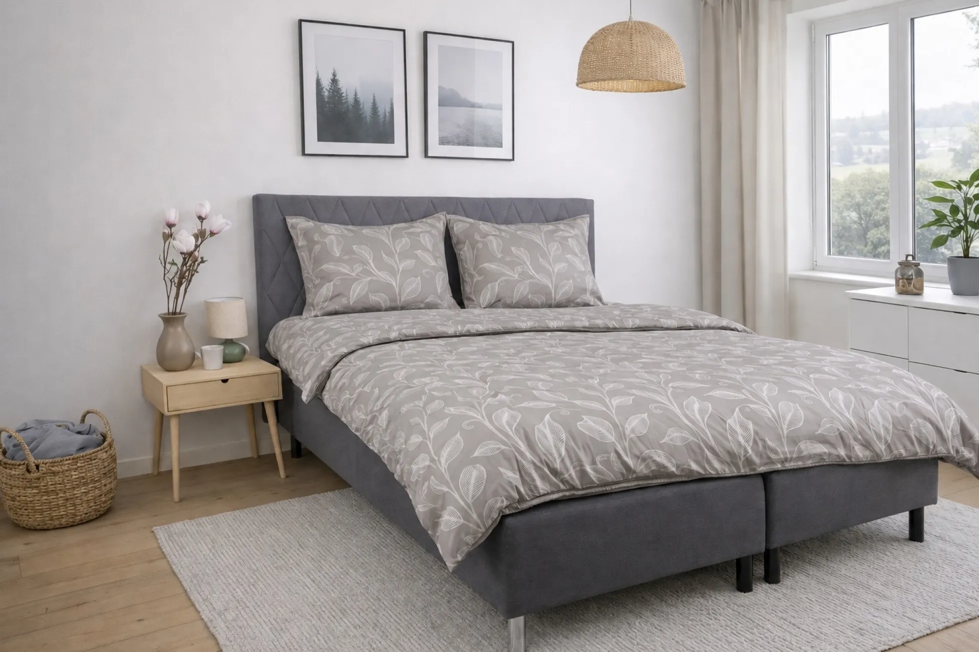 Dobbelt sengetøj 240x220 cm - Satin - Sandfarvet print af blade