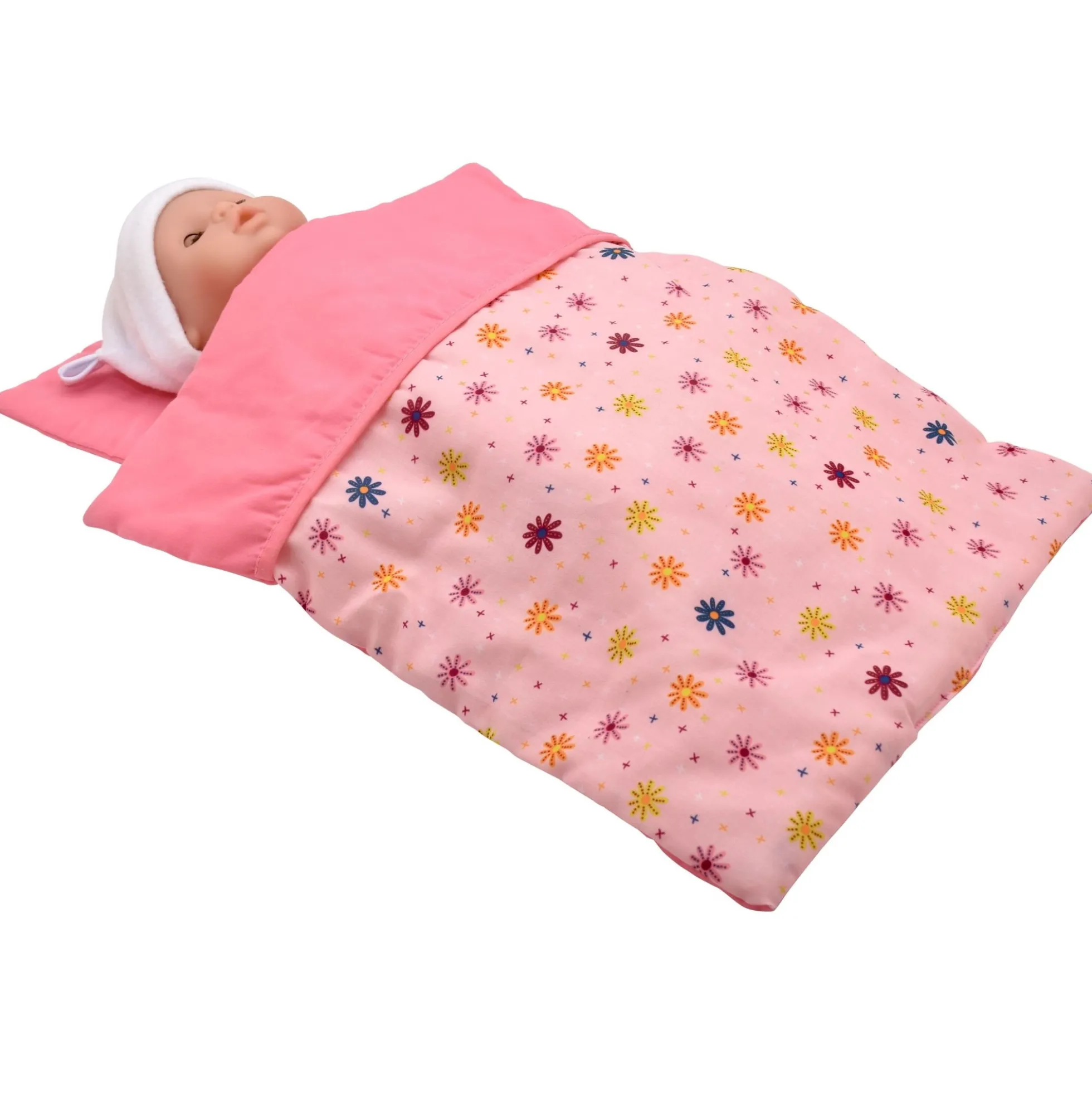 Dukke dyne og pude med blomster - 46 cm