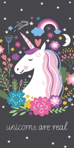 Enhjørning håndklæde - 70x140 cm - 100% bomuld - Blødt badehåndklæde med en enhjørning og teksten unicorns are real