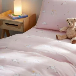 Enhjørning og skyer sengetøj - 100% bomuld - Babysengetøj 70x100 cm - Lyserødt med enhjørninger og skyer