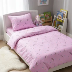 Enhjørning sengetøj - 100% bomuld - Babysengetøj 70x100 cm - Lilla med enhjørninger