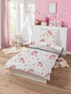 Enhjørning sengetøj - 100% bomuld - Junior sengetøj 100x140 cm - Blomster