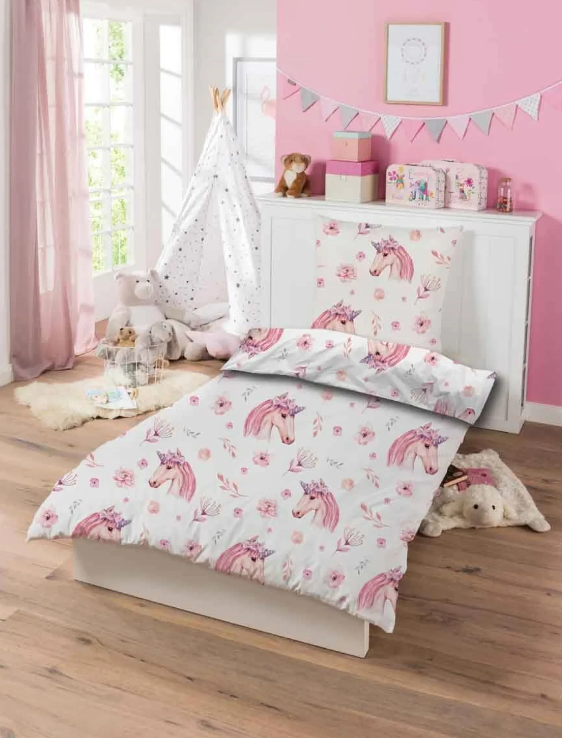 Enhjørning sengetøj - 100% bomuld - Junior sengetøj 100x140 cm - Blomster