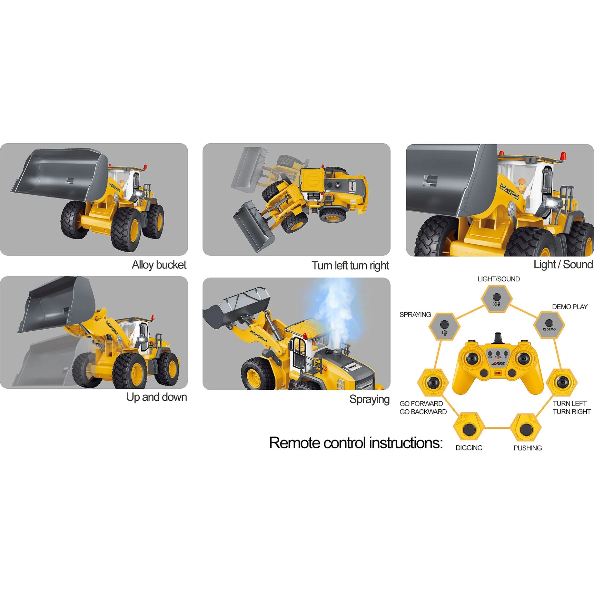 Fjernstyret gummiged med frontskovl og genopladeligt batteri - 2.4 GHz styring - 1:18