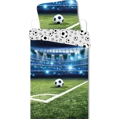 Fodbold sengetøj - 100% bomuld - Børnesengetøj 140x200 cm - Stadion - Bagside med fodbolde