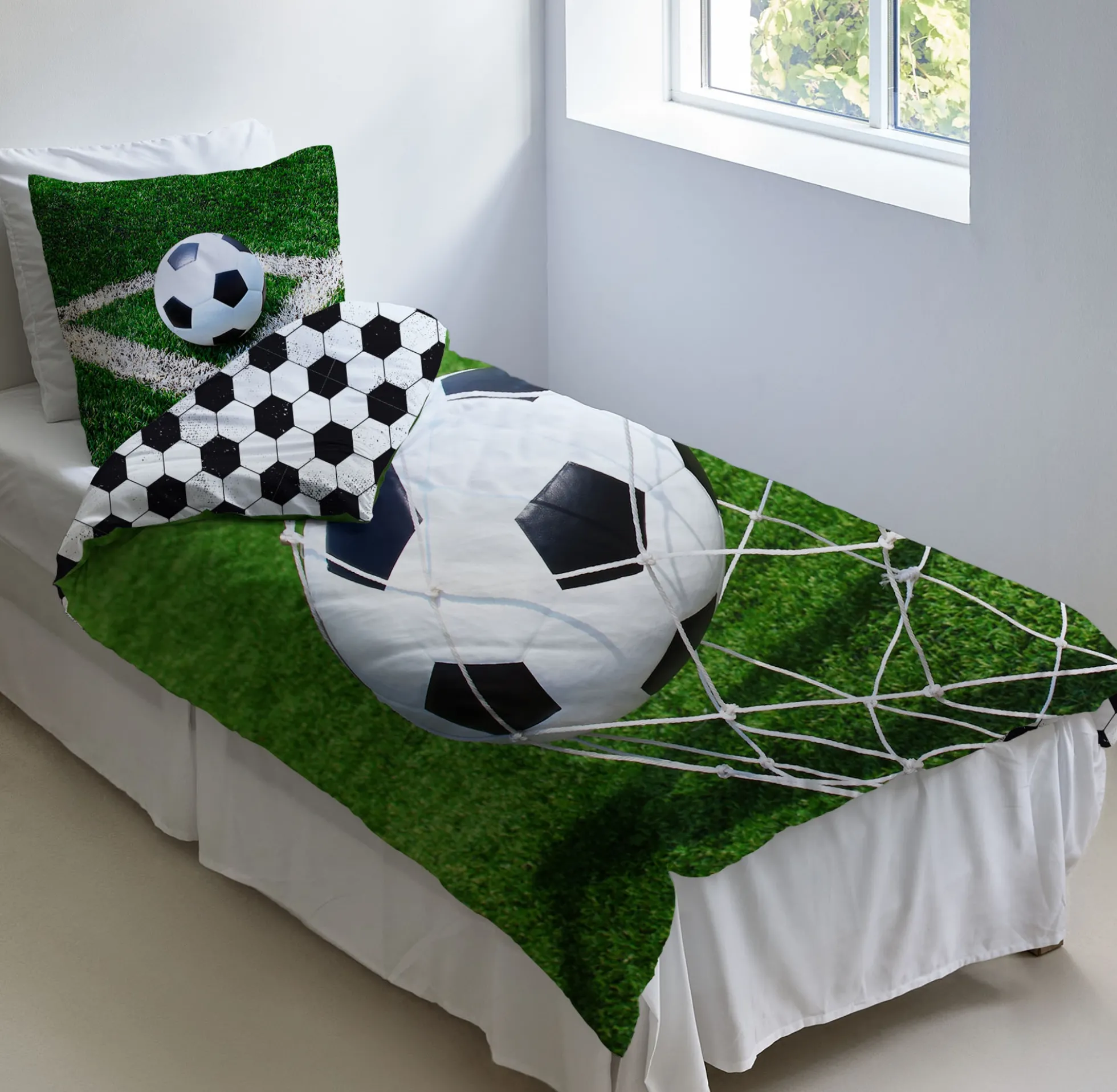 Fodbold sengetøj - 100% bomuld - Børnesengetøj 140x200 cm - Fodbold i mål