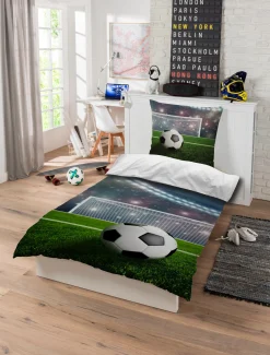 Fodbold sengetøj - 150x210 cm - Stadion - Dynebetræk med 2 i 1 design - 100% bomulds sengesæt