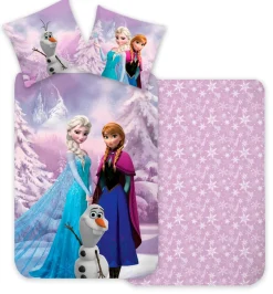 Frozen sengetøj - 100% bomuld - Junior sengetøj 100x140 cm - Lilla - Frost Anna, Elsa og Olaf