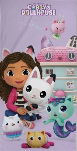 Gabby's Dollhouse håndklæde - 70x140 cm - 100% bomuld - Blødt badehåndklæde med Gabby, Pandy Paws, Catfish, Cakey Cat, Pillow Cat