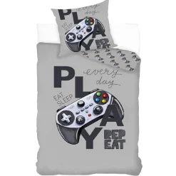 Gamer sengetøj - 100% bomuld - Børnesengetøj 140x200 cm - Gråt sengetøj med controller
