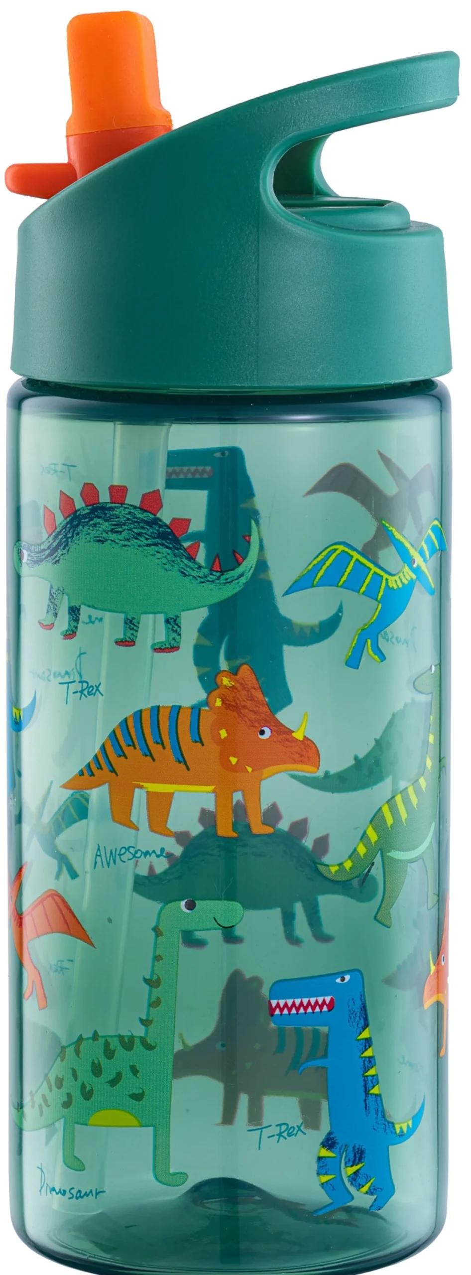 Grøn dinosaur drikkedunk - Vandflaske med flipfunktion og sugerør