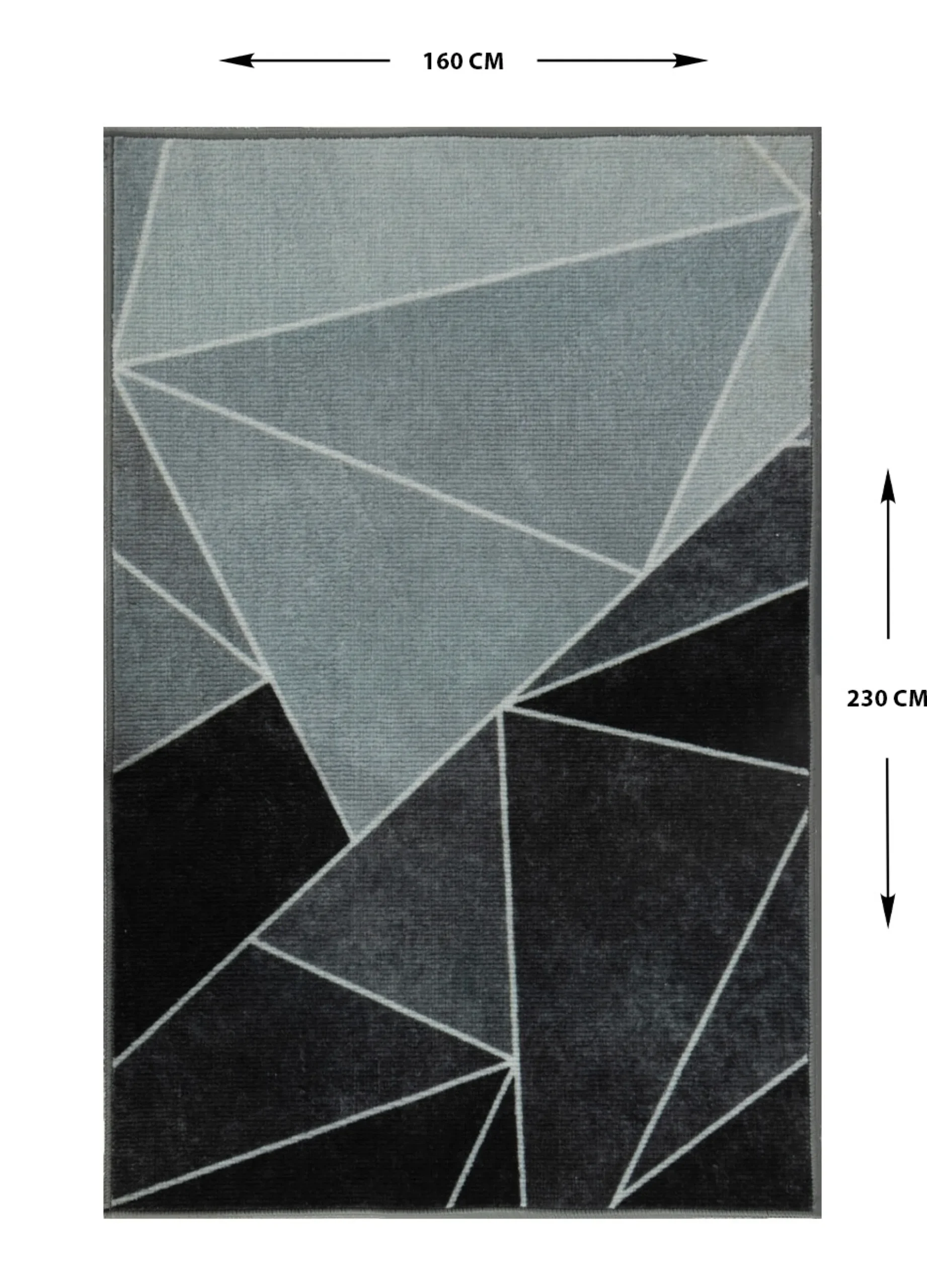 Gulvtæppe 160x230 cm - Løs tæppe med skridsikker bagside - Trekantede grafisk design i sorte og grå nuancer - Blødt gulvtæppe fra Nordstrand Home Laura