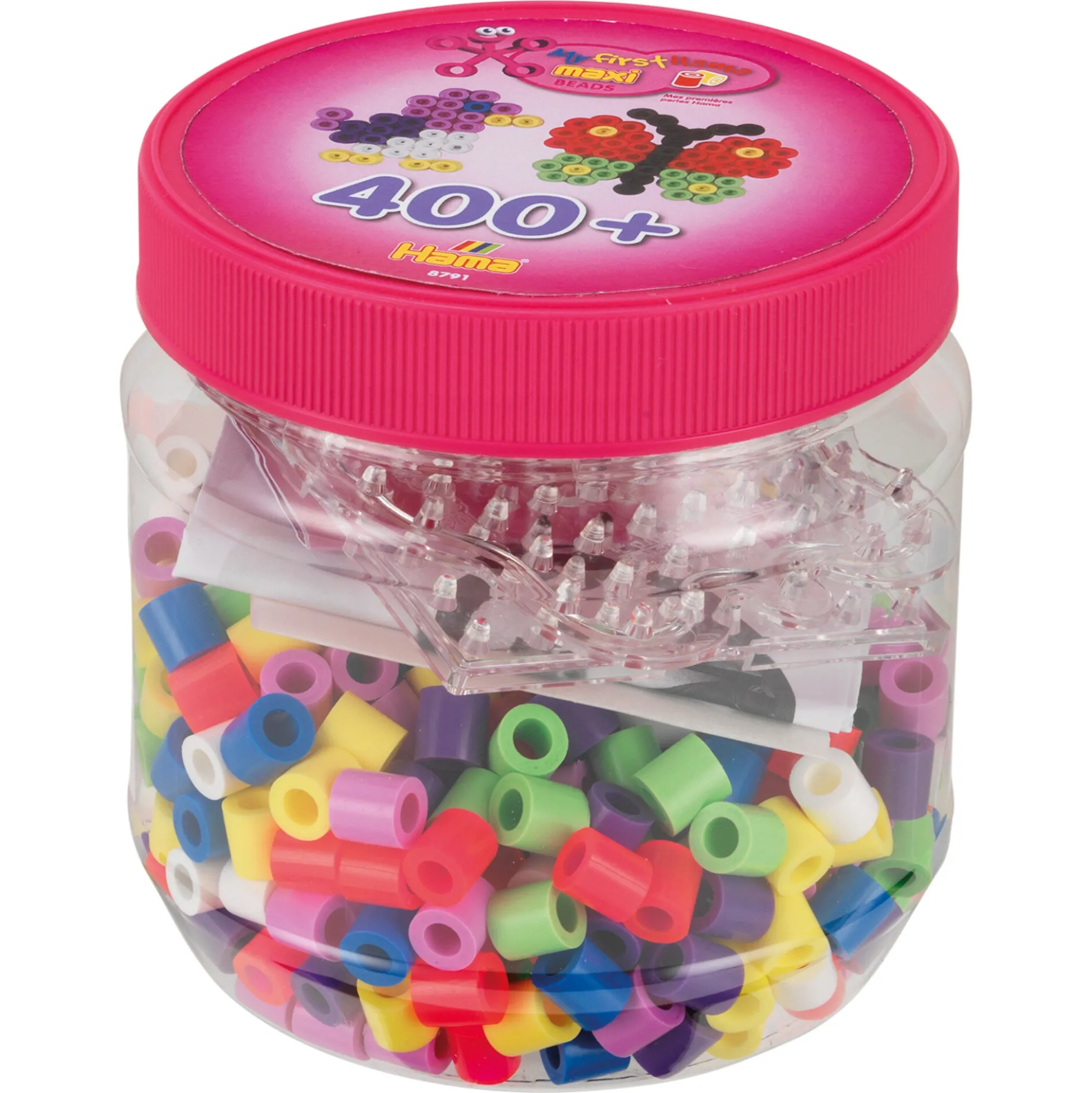Hama Maxi perler i dåse - 400 perler og 2 stiftplader - Farverigt mix - Pink