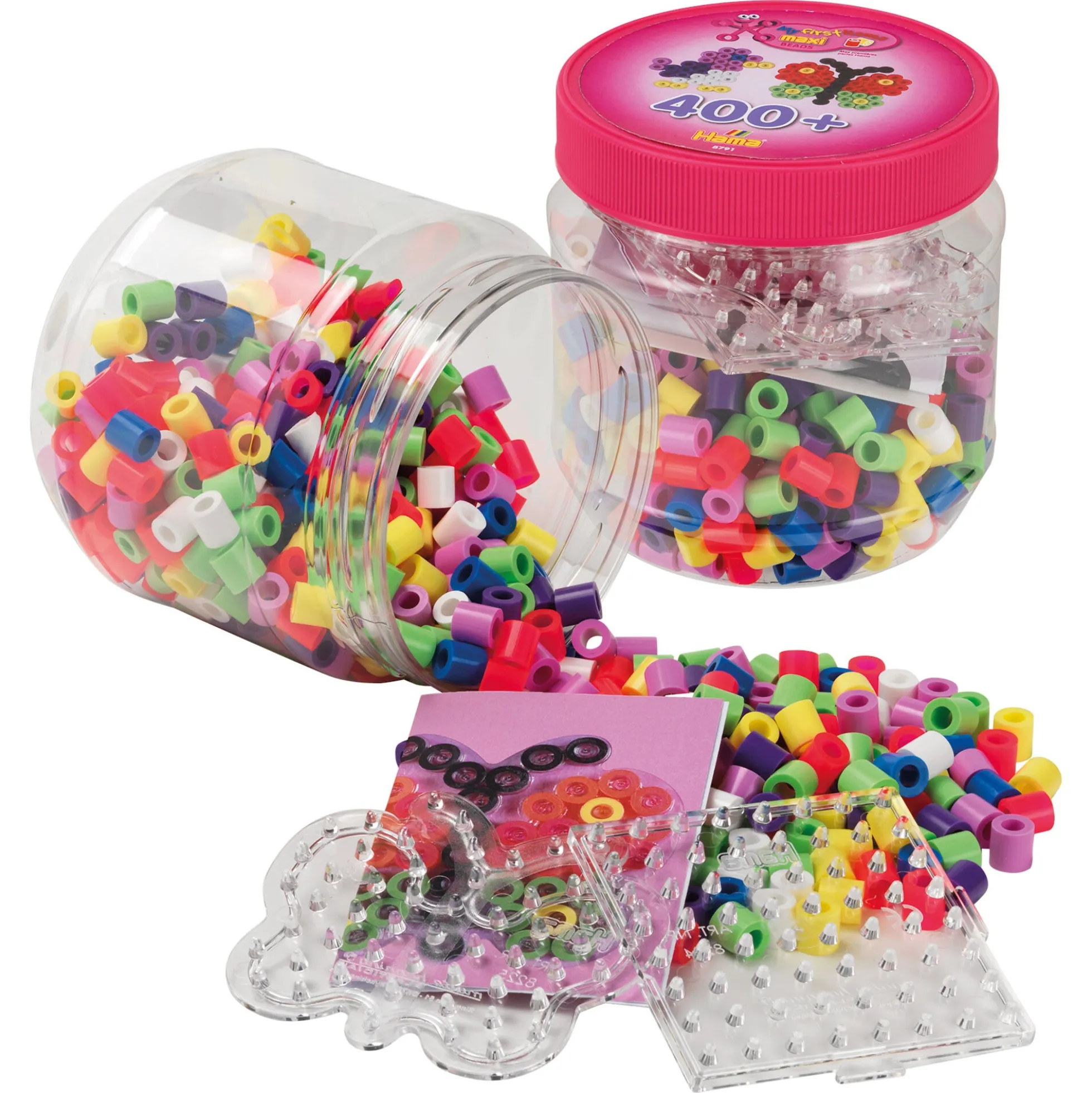 Hama Maxi perler i dåse - 400 perler og 2 stiftplader - Farverigt mix - Pink