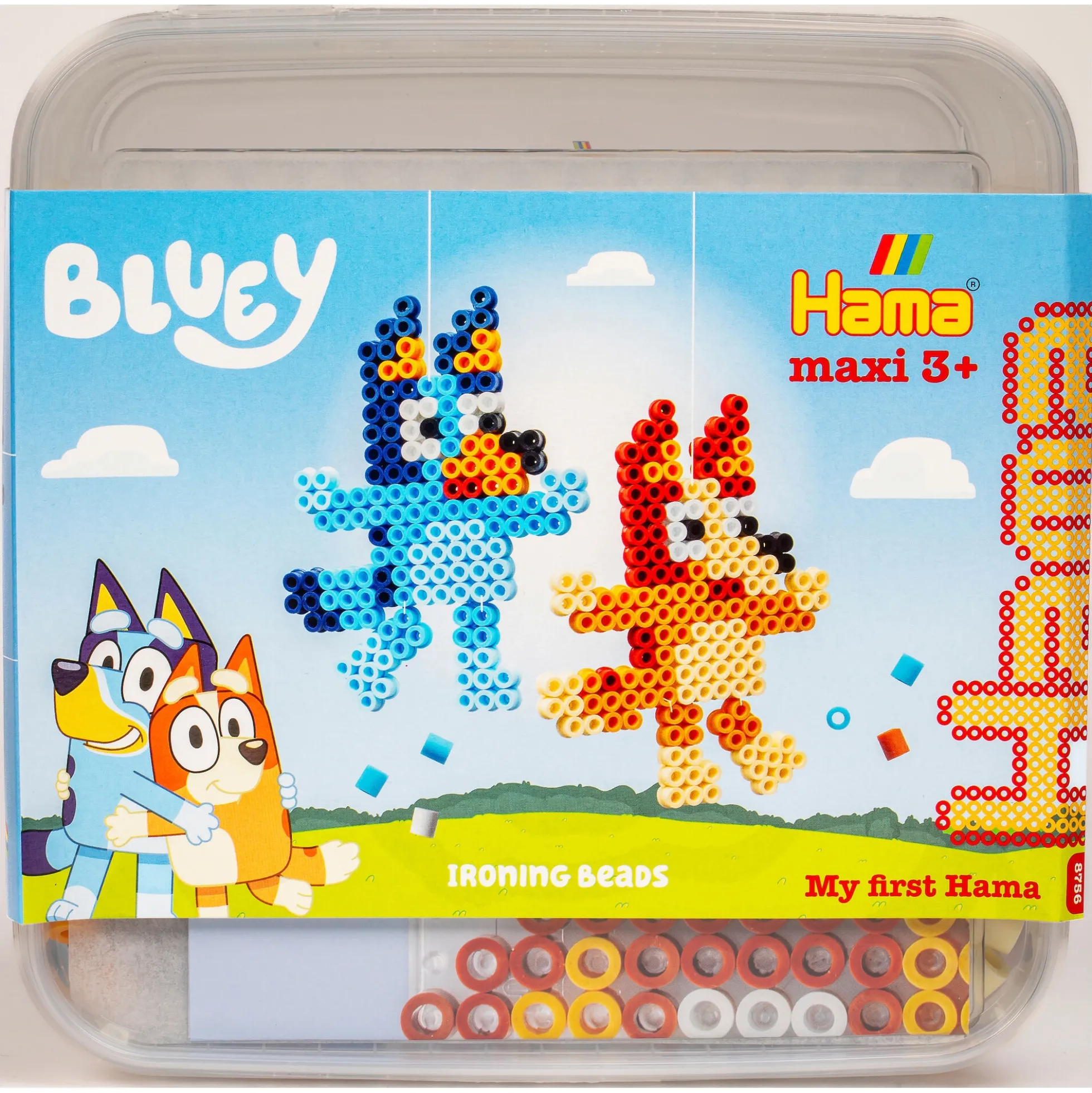 Hama Maxi perlesæt i bøtte - 900 perler og 1 stiftplade - Bluey