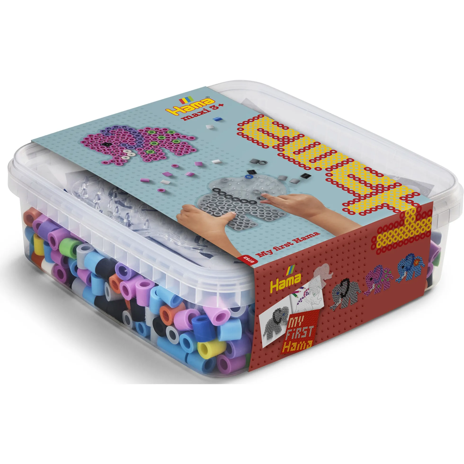 Hama Maxi perlesæt i bøtte - 600 perler og 1 stiftplade - Elefanter