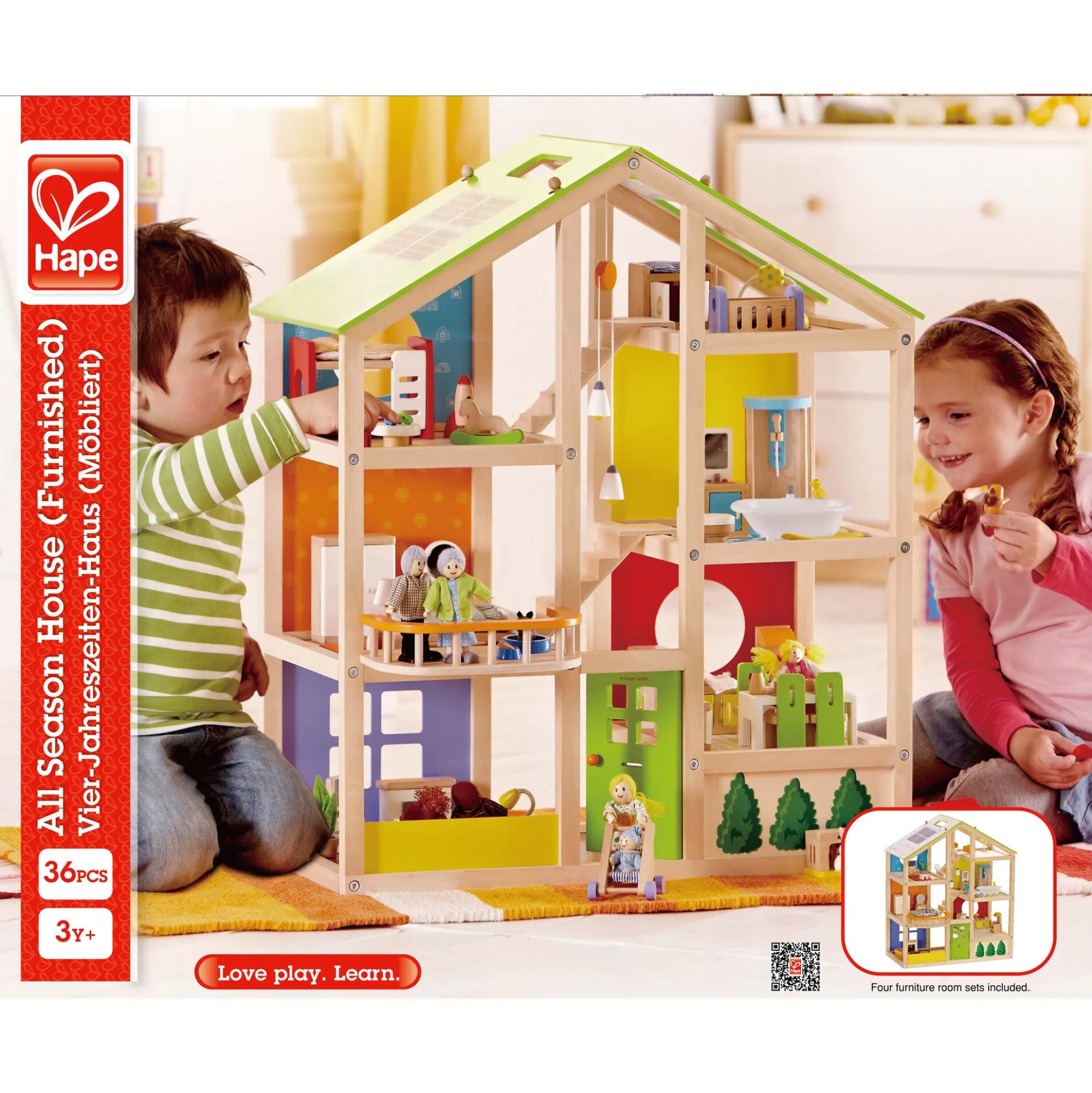 Hape All Season dukkehus med møbler - 36 dele