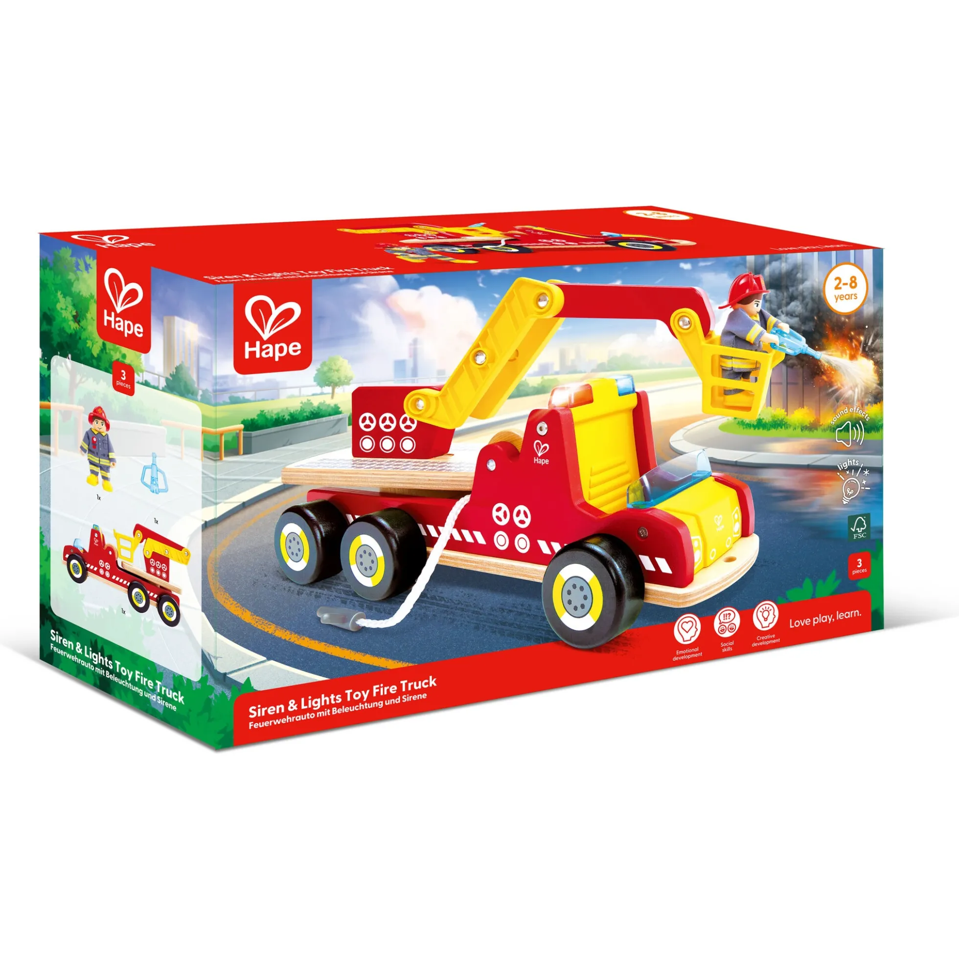 Hape brandbil - udrykningskøretøj med lys, sirene og stige - 37x12 cm