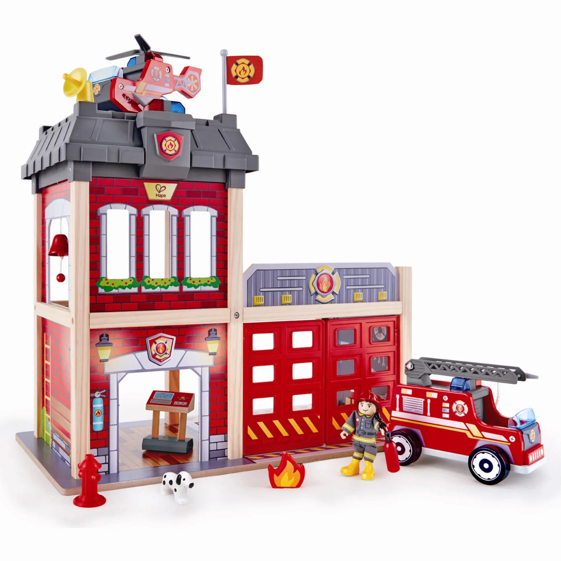 Hape City brandstation i træ med lys, lyd, brandbil og helikopter - 13 dele - 60x30x47,8 cm