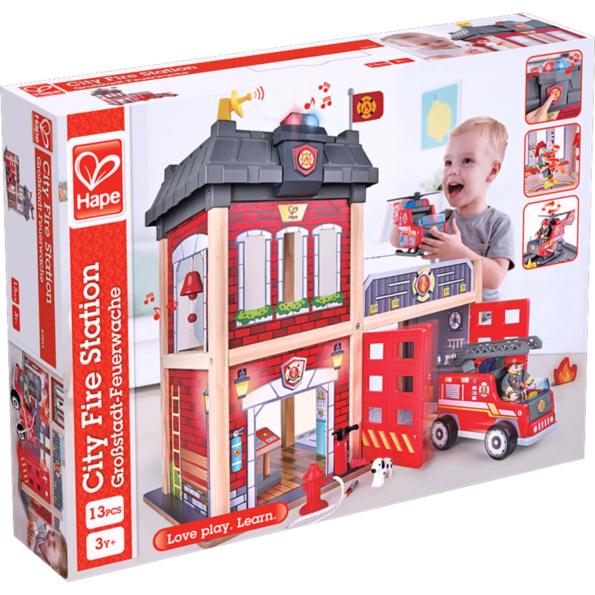 Hape City brandstation i træ med lys, lyd, brandbil og helikopter - 13 dele - 60x30x47,8 cm