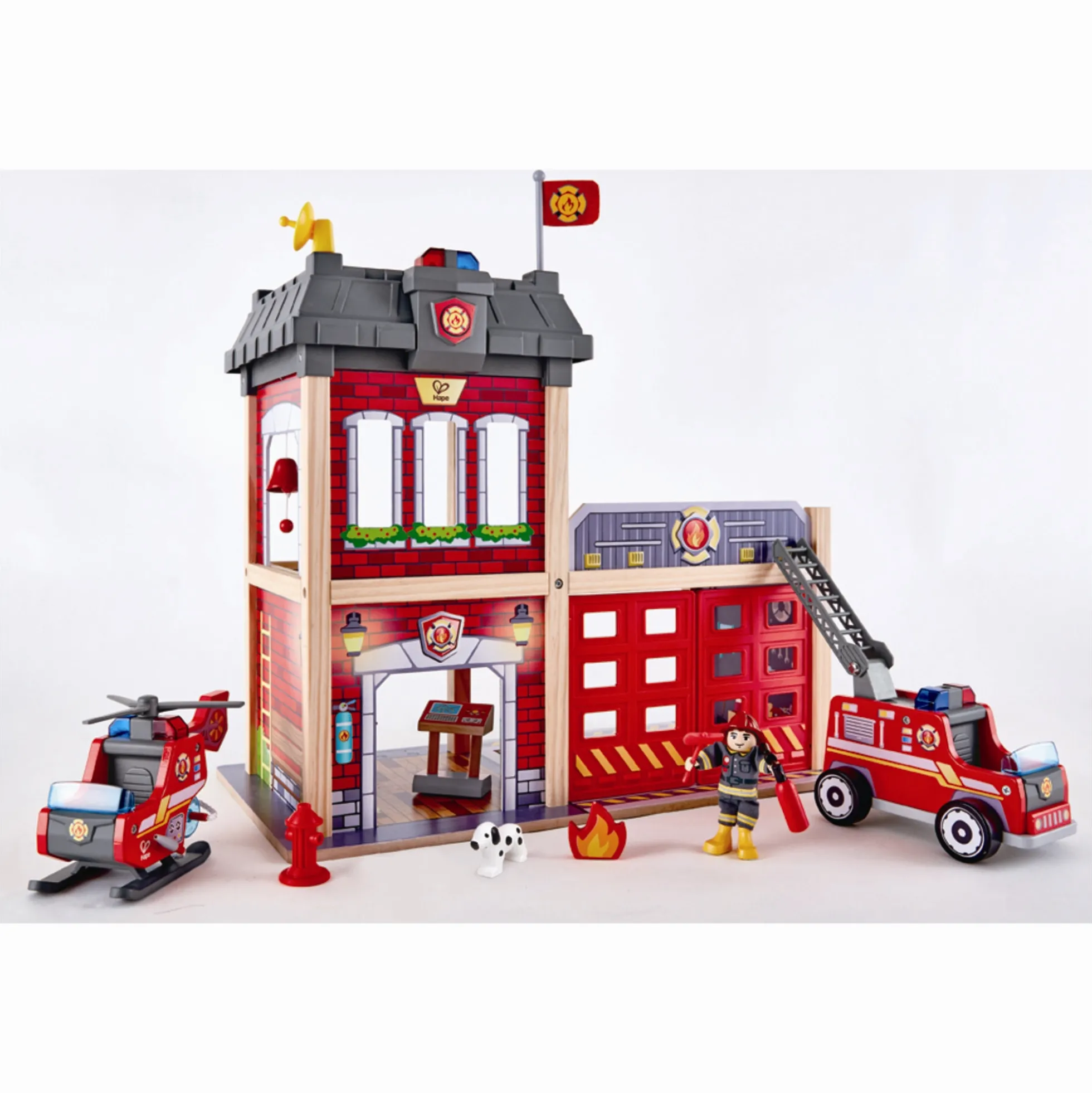 Hape City brandstation i træ med lys, lyd, brandbil og helikopter - 13 dele - 60x30x47,8 cm