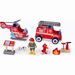 Hape City brandstation i træ med lys, lyd, brandbil og helikopter - 13 dele - 60x30x47,8 cm
