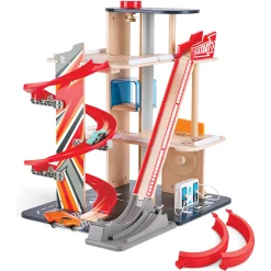 Hape Gearhead stuntgarage - parkeringshus med elevator, loop og 2 biler - 50x59x40 cm