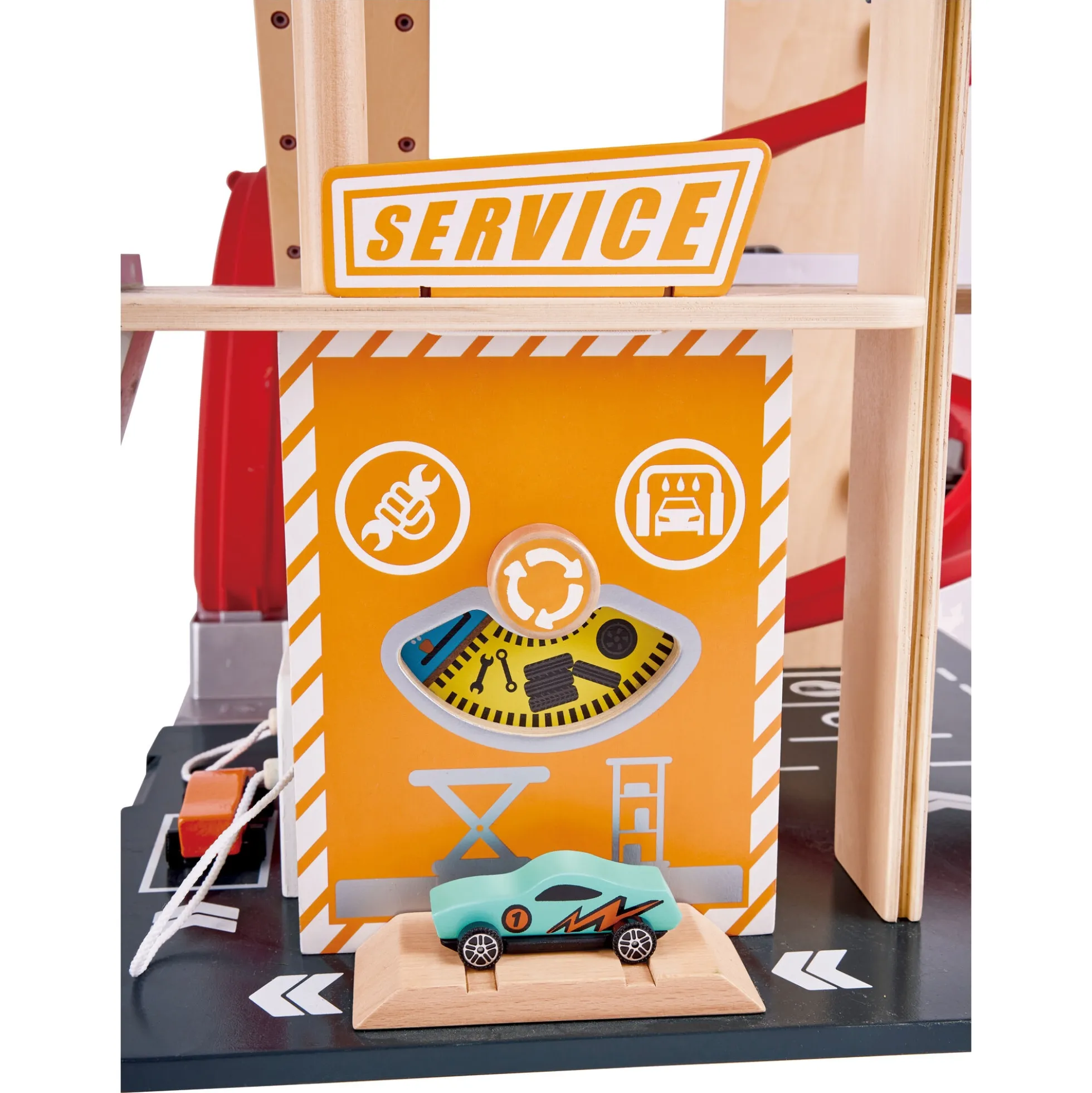 Hape Gearhead stuntgarage - parkeringshus med elevator, loop og 2 biler - 50x59x40 cm