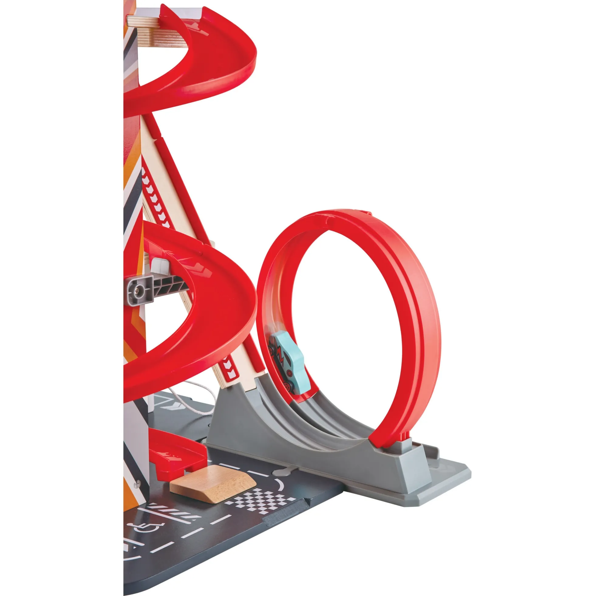 Hape Gearhead stuntgarage - parkeringshus med elevator, loop og 2 biler - 50x59x40 cm