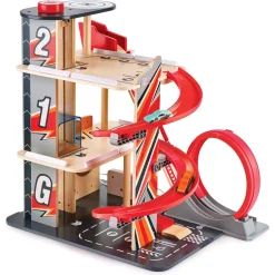 Hape Gearhead stuntgarage - parkeringshus med elevator, loop og 2 biler - 50x59x40 cm