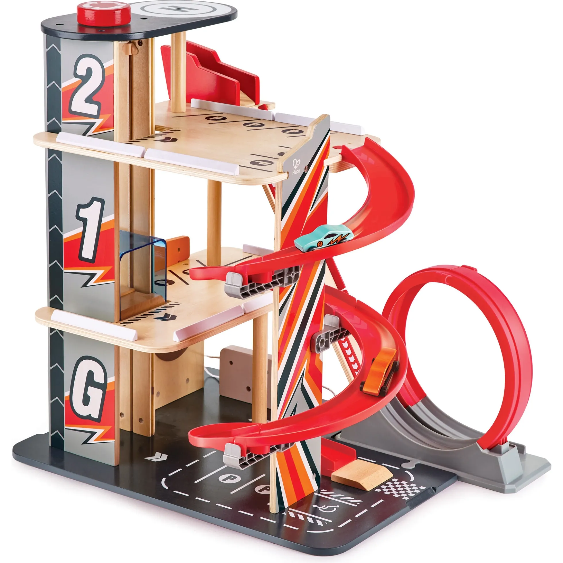 Hape Gearhead stuntgarage - parkeringshus med elevator, loop og 2 biler - 50x59x40 cm