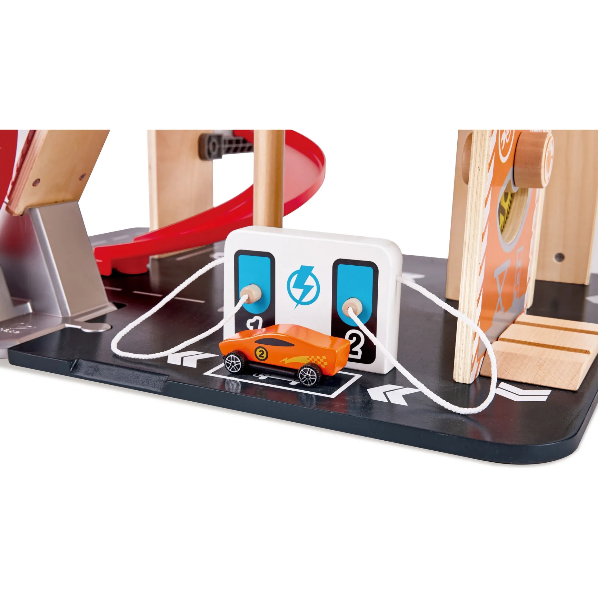 Hape Gearhead stuntgarage - parkeringshus med elevator, loop og 2 biler - 50x59x40 cm