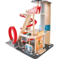 Hape Gearhead stuntgarage - parkeringshus med elevator, loop og 2 biler - 50x59x40 cm