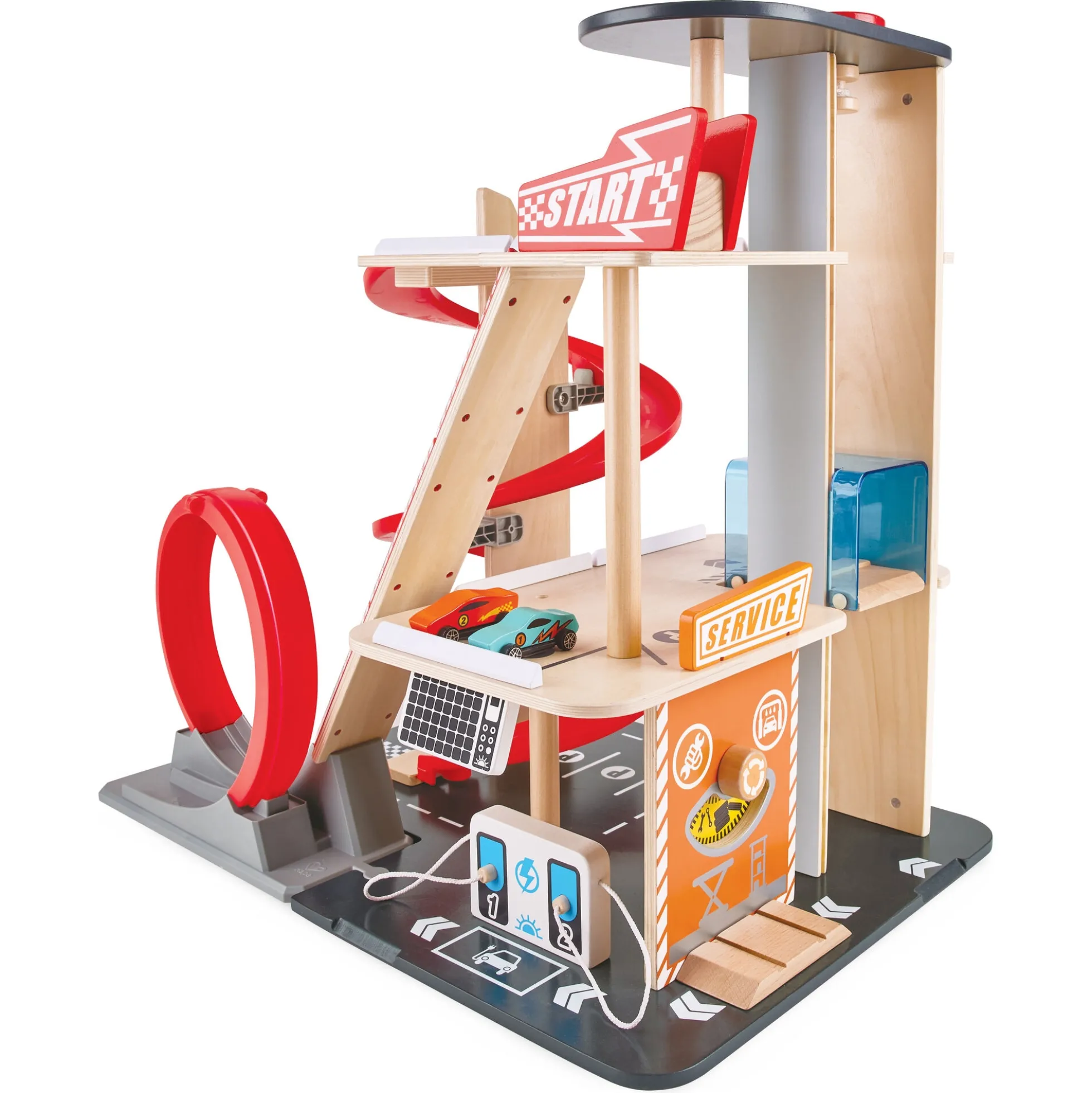 Hape Gearhead stuntgarage - parkeringshus med elevator, loop og 2 biler - 50x59x40 cm