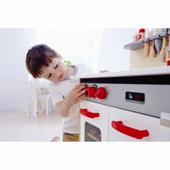 Hape hvidt gourmet legekøkken i træ med ovn, vask og klikknapper - 55x32x70,5 cm
